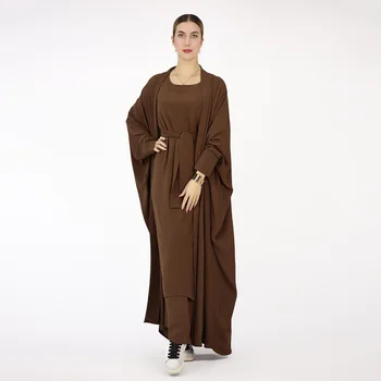 2 יצירה Abaya להגדיר דובאי המוסלמים התאמת בגדים שכבתיים שמלה+קימונו האסלאמית בגדים עבור נשים רמדאן עיד Hijabi צניעות דובאי