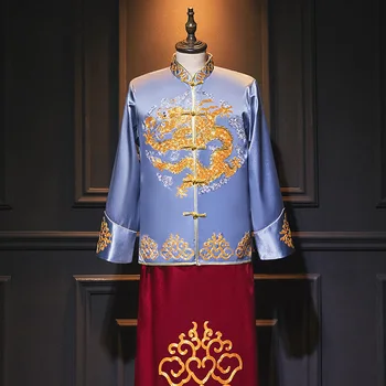 2022 בסגנון סיני החתן שמלת החתונה נישואין טאנג חליפה של בגדי וינטג גברים דרקון כחול רקמה צ ' יפאו