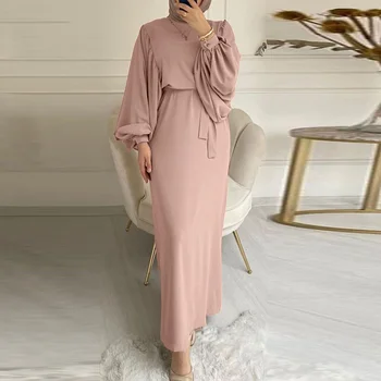 2023 אופנה חדשה מוצק צבע Kaftan שרוול ארוך מזדמנים נשים מוסלמיות שמלת צוואר עגול חגורה אלגנטית הערבי השמלה