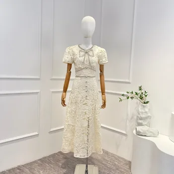 2023 חדש אופנה וינטג ' פרפר לבן חלול החוצה תחרה שרוול קצר Midi שמלה לנשים