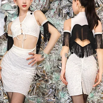 2023 חדש סקסי ריקודים לטיניים שמלת ציצית צבע טהור נשים הביצועים של המפלגה לבן ללא שרוולים תחרה רומבה, סלסה Dancewear תחפושות