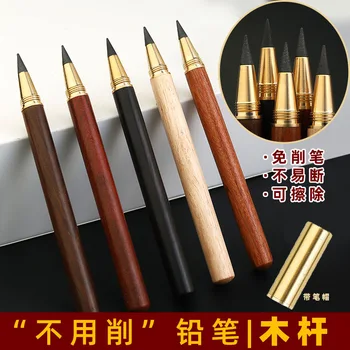 300Pcs עץ מלא פן הנצחי עיפרון פליז אלמוג עסקים מתנה עט מעץ לכתוב בעיפרון