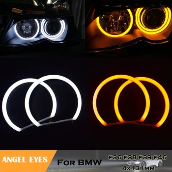 4x131mm כפול כותנה צבע אור עיני מלאך BMW E36 E38 E39 E46 מקרן לבן צהוב Halor הטבעת פנס ערכות DRL המנורה
