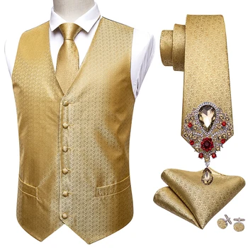 5PCS בארי.וואנג עיצוב זהב מוצק החתונה האפוד לגברים חליפה וסט משי עניבה חפתים סיכות להגדיר רשמית אפוד ווסט