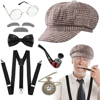 7pcs הזקן תחפושת 1920 סבא אביזרים נקבע ליום ה-100 של בית הספר כומתה כובע משקפיים גבות Suspender לצפות גנגסטר להגדיר
