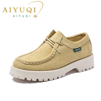 AIYUQI נעלי נשים נעלי זמש עור אמיתי 2023 בסגנון בריטי שרוכים תלמיד נשים נעלי גודל גדול קלאסי נעלי נשים