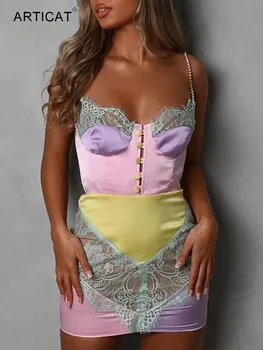 Articat יהלום אלגנטי רצועת תחרה טלאים שמלות ערב נשים סקסי כפתורים ללא משענת מיני Bodycon השמלה Clubwear Vestidos 2021