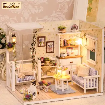 Cutebee Diy בית הבובות קיט מעץ לבית בובות מיניאטוריות ערכת בובות רהיטים עם כיסוי אבק צעצועים לילדים