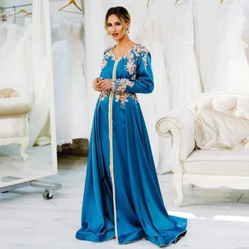 Eightale המוסלמים גלימה שמלת ערב וי-נק אפליקציות כחול עם שרוולים ארוכים ערבית Kaftan אורך רצפת נשף שמלת מסיבת 2020