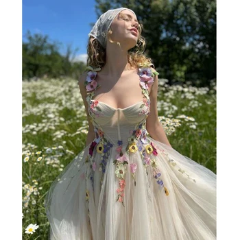 GUXQD מתוקה Pastrol טול שמלות לנשף סקסית 3D פרחים רצועות Serene Hill באורך רצפת נשים, מסיבת נשף שמלות Abiti דה סרה