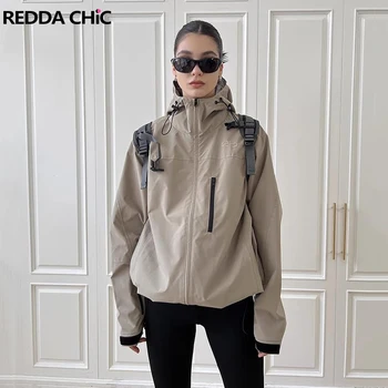ReddaChic בסיסי מוצק אפור נשים חיצוני עם ברדס המעיל עמיד למים ארוך שרוולים Oversize מעיל יוניסקס מחליק Mountainwear