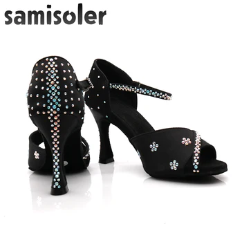 Samisoler שחור ריינסטון ריקודים סלוניים נשים נעלי ריקוד סלסה נשים נעלי מקצועי, טנגו, לטינית נעליים בסגנון עקבים גבוהים