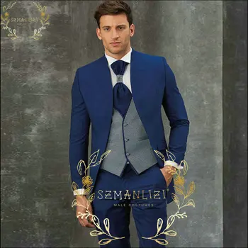 SZMANLIZI 2022 בהתאמה אישית תחפושת Homme Navy כחול לעמוד צווארון חליפות גברים טוקסידו חתן ללבוש 3 חתיכות מסיבת חתונה, חליפות לגברים