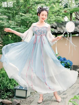 TIYIHAILEY משלוח חינם 2022 חדש Boshow הקיץ גבוהה המותניים הדפסה מקסי ארוכות S-L פרח שיפון קפלים שמלה כחולה בסגנון סיני