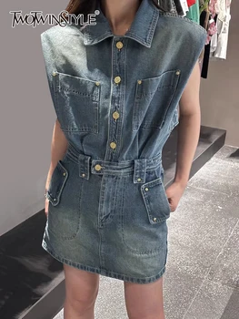 TWOTWINSTYLE ג ' ינס מוצק Playsuits לנשים דש שרוולים גבוהה המותניים משולבים כפתור המכנסיים בקיץ Playsuit נשית אופנה