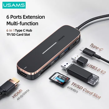 USAMS 6 ב 1 משטרת 100W סוג C רכזת USB C ל-HDMI תואם-1.4 USB 3.0 TF SD תחנת עגינה מפצל עבור MacBook iPad מחשב נייד