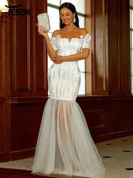 Yesexy הקיץ השמלה כתף רשת נצנצים ים לבן שמלת ערב Vestidos