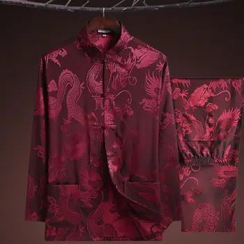 Yourqipao 2023 קיץ בסגנון סיני הדרקון דפוס וינטג 'טאנג חליפת קונג פו טאי צ' י הסינית המסורתית בגדים עבור קשישים גברים