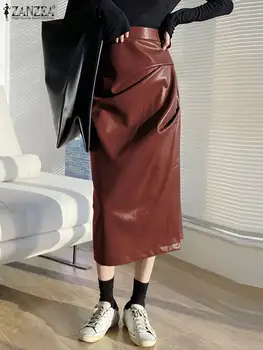 ZANZEA אופנה קוריאנית דמוי עור חצאיות נשים אלגנטי גבוהה המותניים Ruched Midi חצאית 2023 אביב מקרית נדן ארוך לראשונה חצאית נשית