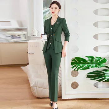 אופנה משרד גבירותיי ירוק המכנסיים חליפת נשים שרוול ארוך רשמיות מעיל עיפרון מכנסיים יחיד עם חזה 2 חתיכת קבוצה בלייזר להגדיר