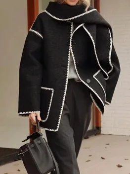 אופנה של נשים מעילים חדשים צעיף צווארון רופף אחת עם חזה ציצית משולבים כיסי מעילי נקבה גאות סתיו 2023 17A2757