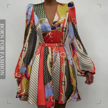 אלגנטי חגורת שמלת סאטן נשים V-neck פנס שרוול ארוך לחצן קו עם קפלים מיני שמלה נשית סתיו מזדמן Vestidos 2023