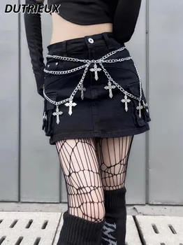 בסגנון יפני הקיץ רטרו Workwear קצר Pantskirt הנשי האפל Y2k חם בחורה סקסית חצאית שחורה כיס קישוט חצאית מיני