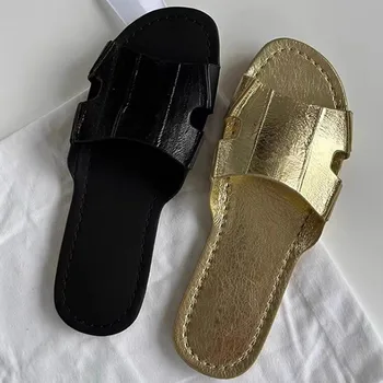 ג ' ני&דייב 2023 קיץ סנדלי הזהב עור שטוח פשוטה פתוחות נעלי בית סנדלי נשים אופנה נעלי נשים