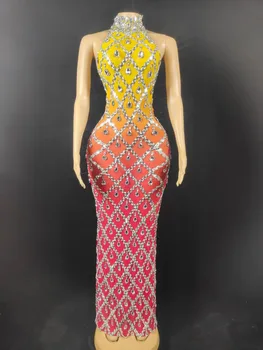 הדרגתית צבע צהוב ואדום לבדוק נצנצים ללא שרוולים מחשוף גב השמלה בר מועדון נשים הביצועים של השמלה Fishtail השמלה