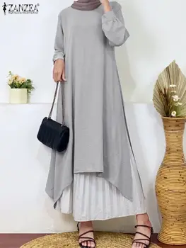 הקיץ המוסלמים החולצה ZANZEA נשים אופנתי שרוול ארוך מוצק חולצות ארוכות מזדמנת Irregualr שולי החולצה עיד Mubarek הרמדאן Blusas 2023
