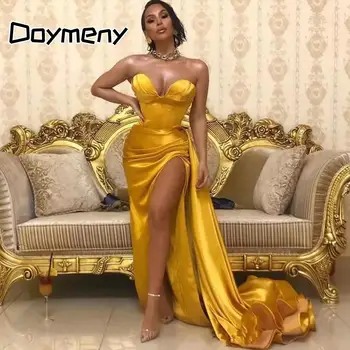 זהב מתוקה בתוספת גודל שמלות נשף סאטן ארוך שמלת ערב סקסית גבוהה פיצול דובאי שמלת מסיבת רשמי שמלות בהזמנה אישית