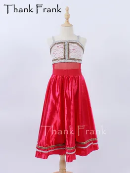 חדש סאטן שמלת ריקוד לנערות נשים 2 חלקים סט אדום בלט תחפושת ילדים תחרה בגד גוף, שמלות מסיבת רייב בגדים C634