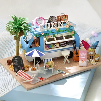 חדשות DIY רכב מיני אושן חנות Casa עץ, בית בובות מיניאטורי בניית ערכות בובות עם ריהוט אורות צעצועים עבור בנות מתנות