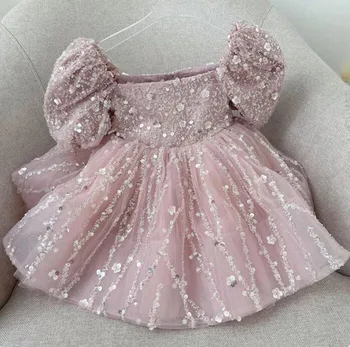 חמוד נצנצים ילדה תינוק מסיבת יום הולדת אורך הברך שמלת נסיכת פרח ילדה שמלת שרוול קצר התינוק חצאית שמלה