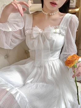 חמוד פיות חצאית לבנה Kawaii להתלבש נשים שיפון סגנון שרוול ארוך Mini שמלות הקשת פיות החלוק קפלים טלאים הצווארון המרובע