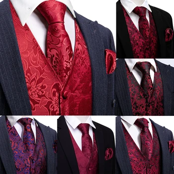 יוקרה האפוד לגברים חתונה באביב משי אדום בורגנדי סלים הז 'קט עניבה הנקי חפתים זכר חליפת שרוולים ז' קט ברי וונג