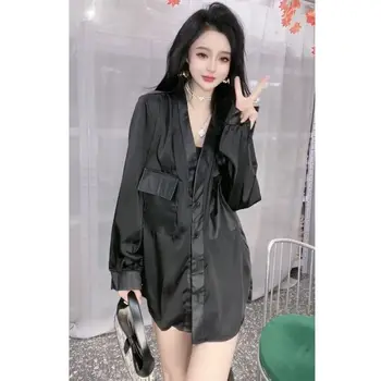 יוקרה עיצוב שרוול ארוך חולצות שחורות נשים אופנה קוריאנית כפתור החולצה V-צוואר כיס הז ' קט בגדי נשים