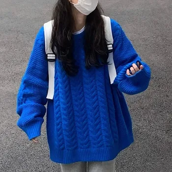 יפנית רכה, שעווה טוויסט סוודר לבן כחול נקבה סתיו, חורף סגנון חדש בקולג ' בסגנון חופשי צוואר עגול סוודר העליון מגמה
