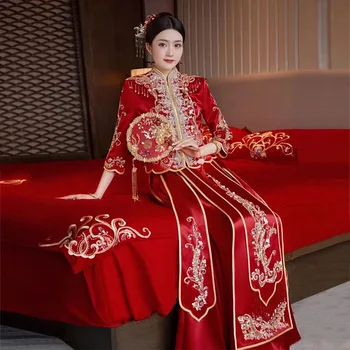 כלה מסורתית פייטים חרוזים Cheongsam הסינית שמלת טוסט בגדים