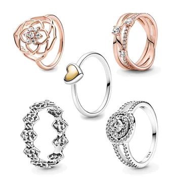 ל פרח רוז זהב אוהב 925 טבעת כסף פן יוקרה קריסטל נשים לב חתונה אירוסין תכשיטים יפים ילדה מבטיח מתנה