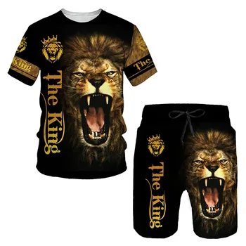 מלך האריות הקיץ אופנת רחוב גברים סט אימונית מנופחים בגדים 3d מודפסים חולצה מכנסי ספורט Mens Tshirts אופנה חליפה