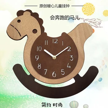 מנהל סוס טרויאני ניקוב-בחינם, שעון קיר יצירתי חיות מצוירות פוני לילדים קישוט חדר אילם אמנות קיר