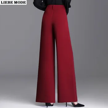 נשים אופנה משרד העבודה ללבוש רחב הרגל מכנסיים שחורים לנשים גבוהה המותניים בל התחתון משוחרר ירוק אדום בורגנדי מכנסיים נקבה