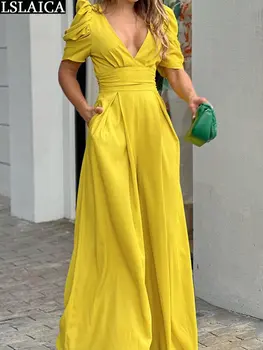 נשים בגדי הקיץ סרבל מוצק צבע פאף שרוול צוואר V גבוהה המותניים 2023 תלבושת רחב הרגל אוברול אלגנטי אופנה בגד גוף