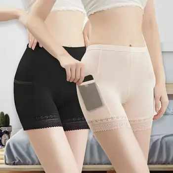 נשים בטיחות מכנסיים קצרים מודאלית כיס ביסוד מכנסיים גבוהה המותניים לנשימה Underskirt חלקה מכנסיים סקסי תחרה נשית חותלות