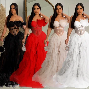 נשים סקסיות, שמלה צרופה רשת לראות דרך מסיבת לילה Clubwear סטרפלס מוצק צבע שמלות לנשים Vestidos