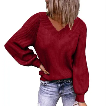 סתיו חורף של נשים מוצק סוודר בסיסי V-צוואר רופף ארוך שרוולים סוודר חם חולצה ארוכה קרדיגן המשרד סריגים מגשר