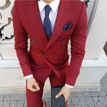 עיצוב קלאסי החתן חליפות כפול עם חזה יין אדום שיא דש השושבינים הטוב ביותר חליפה Mens חליפות חתונה (ז ' קט+מכנסיים)