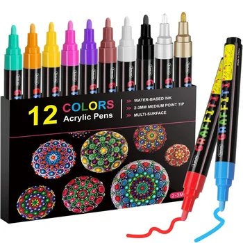 צבע אקרילי עטים 12 צבעים צבע אקרילי עטים טושים עט על סלעים, מלאכה, קרמיקה, זכוכית, עץ, בד, בד -ציוד אמנות