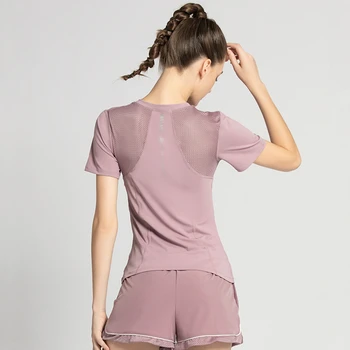 קיץ נשים שרוול קצר ספורט חולצות רשת לנשימה יוגה חולצות S-3XL יבש מהירה מכון כושר אימון פועלת יתדות גבי החולצה